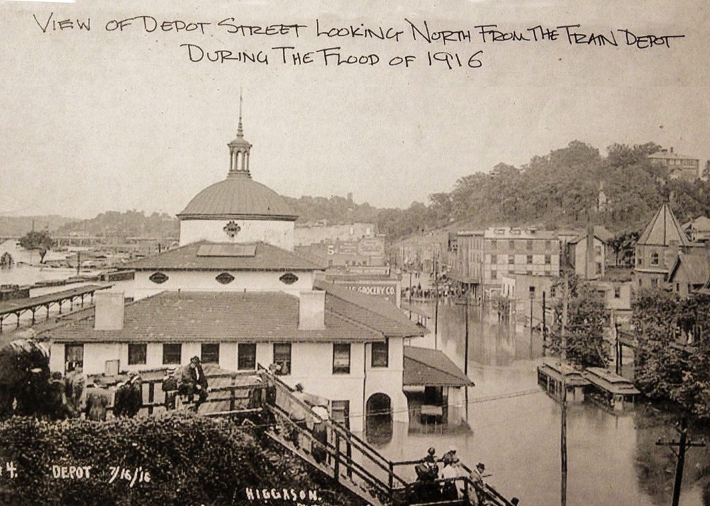 Historic Depot Street in Asheville's River Arts District during the 1916 flood